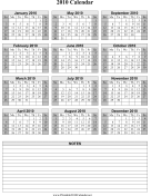 2010 on one page (vertical, shaded weekends, notes) calendar