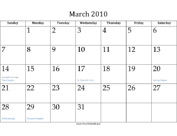 March 2010 Calendar Calendar