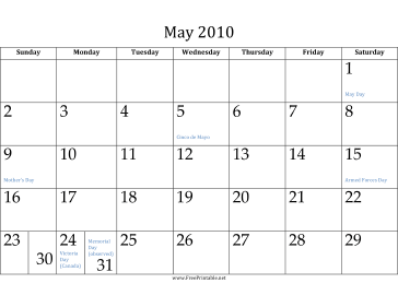 May 2010 Calendar Calendar
