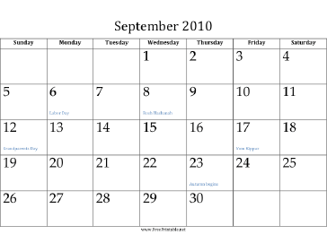 September 2010 Calendar Calendar