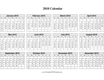 2010 Calendar on one page (horizontal grid) Calendar