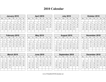 2010 Calendar on one page (horizontal, week starts on Monday) Calendar