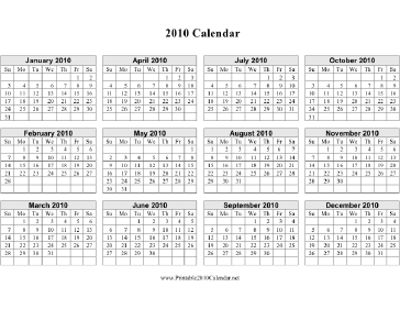 2010 Calendar (horizontal grid, descending) Calendar