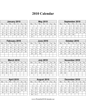 2010 Calendar on one page (vertical, week starts on Monday) Calendar