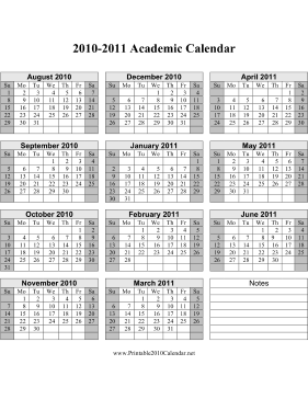 2010-2011 Academic Calendar Calendar