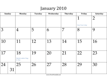 January 2010 Calendar Calendar