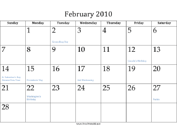 February 2010 Calendar Calendar