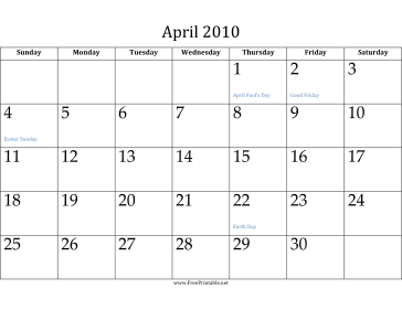 April 2010 Calendar Calendar