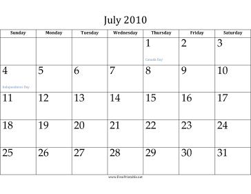 July 2010 Calendar Calendar