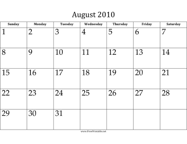 August 2010 Calendar Calendar