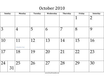 October 2010 Calendar Calendar