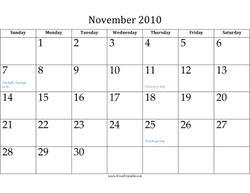 November 2010 Calendar Calendar