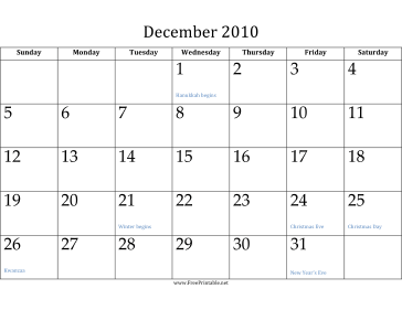 December 2010 Calendar Calendar