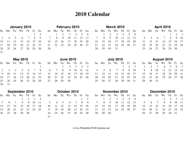 2010 Calendar on one page (horizontal) Calendar