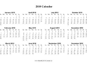 2010 Calendar (horizontal, descending) Calendar