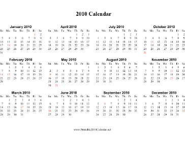 2010 Calendar (horizontal, descending, holidays in red) Calendar