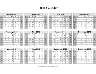 2010 Calendar on one page (horizontal, shaded weekends) Calendar