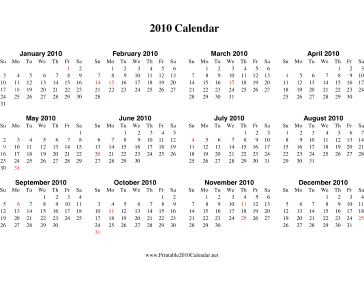 2010 Calendar on one page (horizontal, holidays in red) Calendar