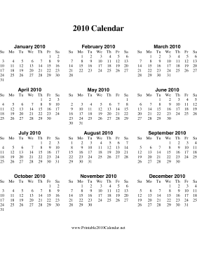 2010 Calendar on one page (vertical) Calendar