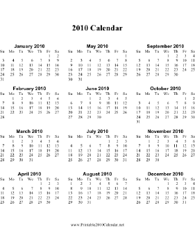 2010 Calendar (vertical, descending) Calendar