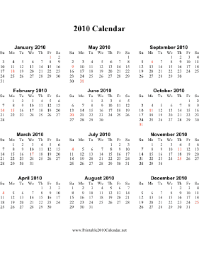 2010 Calendar (vertical, descending, holidays in red) Calendar