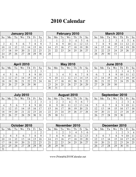2010 Calendar on one page (vertical grid) Calendar