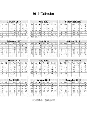2010 Calendar (vertical grid) Calendar