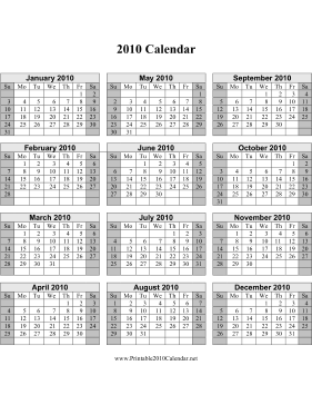 2010 Calendar on one page (vertical, shaded weekends) Calendar