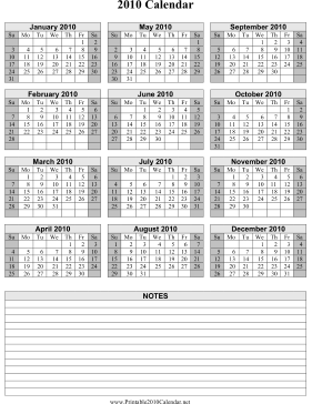 2010 Calendar on one page (vertical, shaded weekends, notes) Calendar
