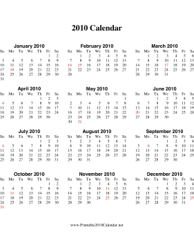 2010 Calendar on one page (vertical, holidays in red) Calendar