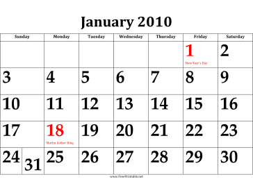 2010 Calendar with Large Dates Calendar